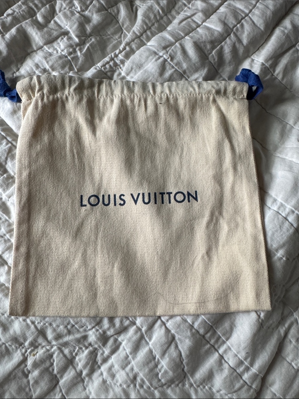 Louis Vuitton Cream Dust Bag with Blue Logo and Drawcords